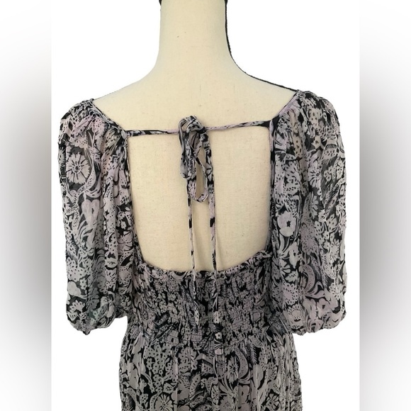 Anthropologie Squareneck Smocked Puff Sleeve Midi Dress Sz M Black White Cottage - Picture 8 of 16